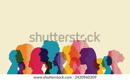 Different people stand side by side together. Group colored silhouette people from the side Men and women portraits. Community of colleagues or collaborators, inclusive education, diversity co-workers