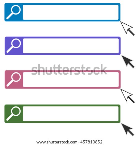 Vector icon of the search string bar box with the mouse pointer. The cursor arrow next to the frame with a magnifying glass in four color variants