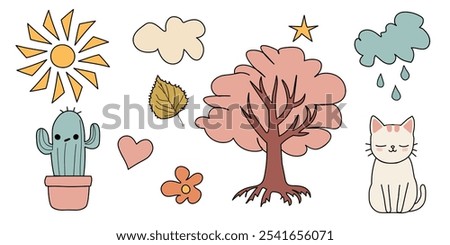 Set of vector illustrations in discreet colors: tree, lightning bolt, cloud, cat, cactus, leaf, heart, drop, flower.