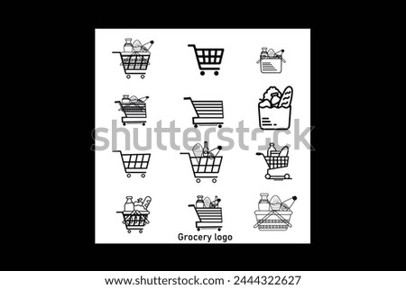 Supermarket logo with groceries .E-shop logo design vector template. Shopping cart and basket icon concept.