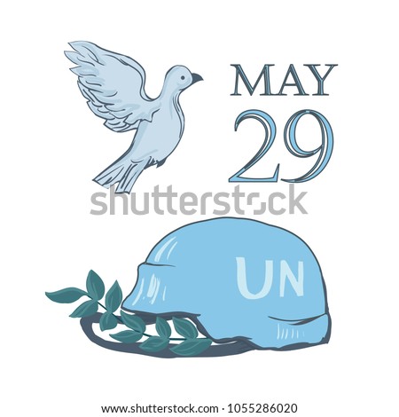 A postcard by May 29 is the international day of the United Nations of peacekeepers. Flying dove of peace, blue helmet of military defender and branch - isolated on white background