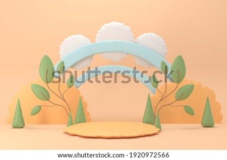 Summer camp on a green lawn with empty pedestal. Clouds, trees and plasticine mountains. Cute illustration in pastel colors. Minimal 3d art style. Empty space for advertising baby products 