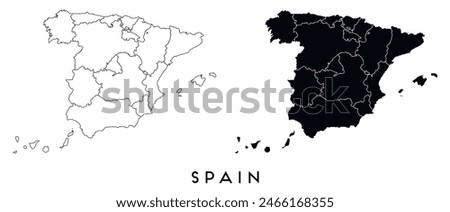 Spain map of city regions districts vector black on white and outline