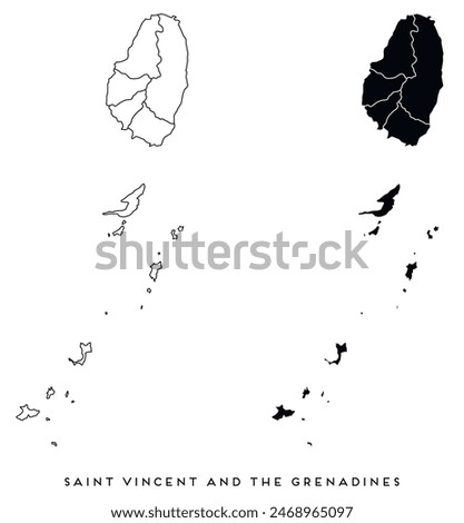 Saint Vincent and the Grenadines map of city regions districts vector black on white and outline