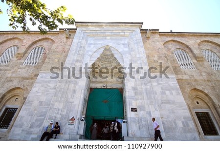 BURSA, TURKEY - AUGUST 23: Worshipers gather in front of Great Mosque (Ulu Cami) at the prayer time on August 23, 2012. Great Mosque (Ulu Cami) is the largest mosque in Bursa.