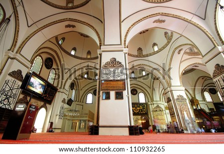 BURSA, TURKEY - AUGUST 23: An interior view of Great Mosque (Ulu Cami) on August 23, 2012 in Bursa, Turkey. Great Mosque is the largest mosque in Bursa and a landmark of early Ottoman architecture.
