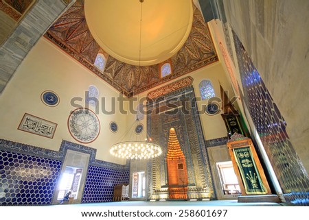 BURSA - TURKEY - AUGUST 12: Green Mosque interior view on August 12, 2012 in Bursa, Turkey. Green Mosque was constructed in 1424 and it is one of the most popular tourist vacation.