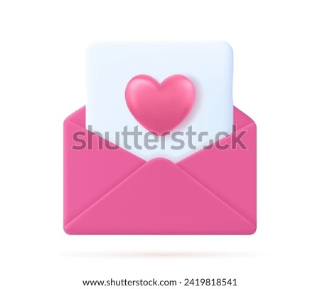 3d Render Valentine day envelope with heart. love heart in letter message on white background. Symbol of Valentine's day. Giving love mail. Vector illustration