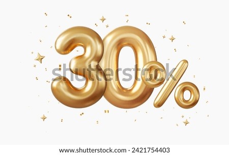 3d 30 percent off discount promotion sale made of realistic Gold helium balloons. 3d rendering. Vector illustration