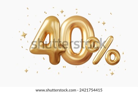 3d 40 percent off discount promotion sale made of realistic Gold helium balloons. 3d rendering. Vector illustration