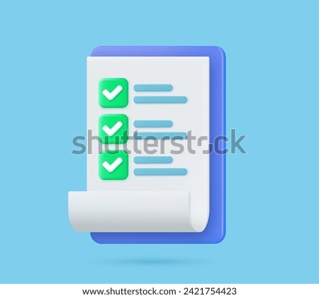 Checklist on 3d clipboard paper. Document in test form with check marks and stripes abstract questions. Questionnaire with notes. Clipboard and check marks. vector illustration.
