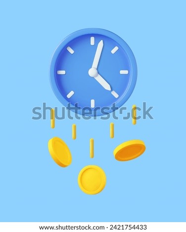 3D Clock with Dollar Golden Coins. Time is Money Concept Annual Revenue, Financial Investment, Savings, Bank Deposit, Future Income, Money Benefit. 3d rendering. Vector illustration