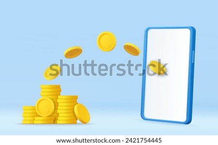 3D Flying Coins and Smartphone. Money Transfer Concept. Sending and Receiving Money on Mobile Phone via Application. Mobile Banking, Money Exchange, Online Payment. 3d rendering. Vector illustration