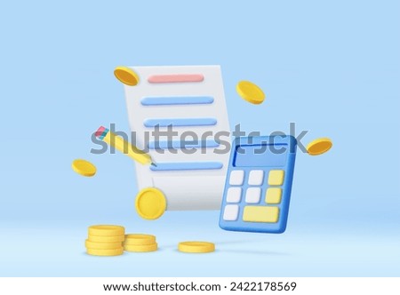 3d Calculator icon and paper document with financial reports. Budget planning, Financial calculation, Paper bill, transaction receipt, finance analyst. 3d rendering. Vector illustration