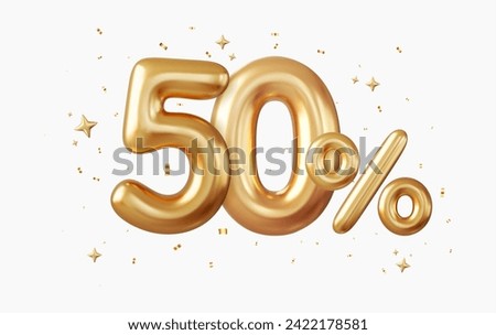 3d 50 percent off discount promotion sale made of realistic Gold helium balloons. 3d rendering. Vector illustration