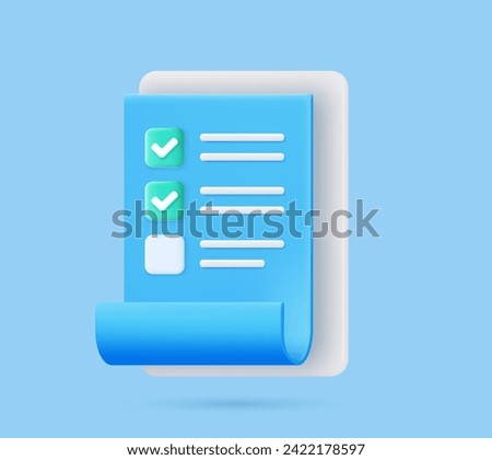 Checklist on 3d clipboard paper. Document in test form with check marks and stripes abstract questions. Questionnaire with notes. Clipboard and check marks. vector illustration.