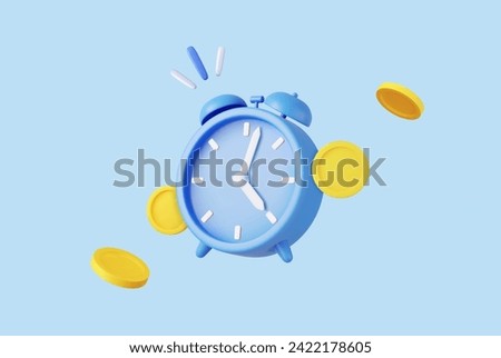 3D Alarm Clock and Coins. Time is money concept. Business investments, earnings and financial savings, budget management, savings account. Fast money. 3D Rendering. Vector illustration