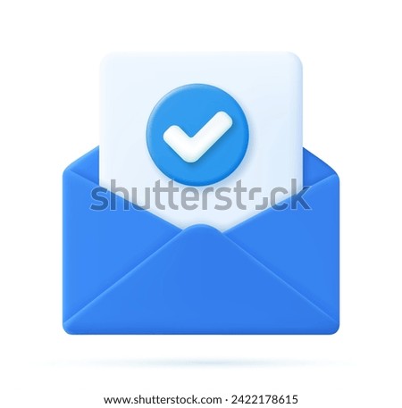 3d Render open mail Envelope with paper documents check mark icon isolated on white background. Approvement concept. Realistic symbol communication. Business news and invitations. Vector illustration