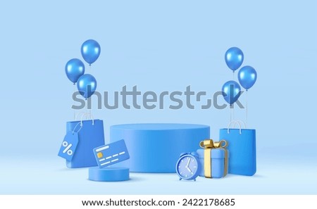 3d sale theme product display background with empty round podium, clock, credit card, gift box and shopping bag. 3d rendering. Vector illustration