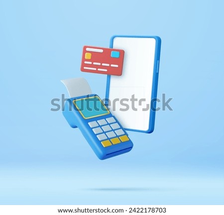 3d Mobile payment with Pos terminal, receipt and credit card. online shopping, transactions online, online payment concept. 3d rendering. Vector illustration