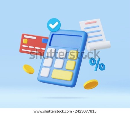 3D Calculator with floating coin and credit card. Budget management concept. Financial calculation of money. Tax time. 3d rendering. Vector illustration