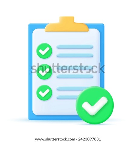 Approved checklist icon. Checklist on 3d paper. Document in test form with check marks and stripes abstract questions. Questionnaire with notes. check marks. vector illustration.