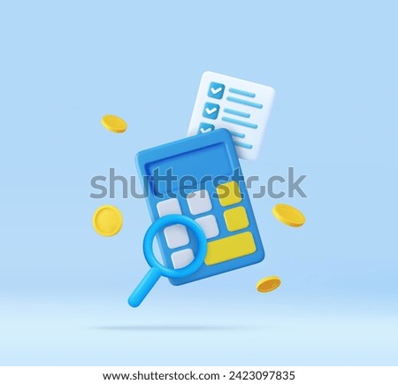 3d Calculator, magnifying glass, checklist with floating coin. . Concept of personal financial management, revenue calculation, accounting. 3d rendering. Vector illustration