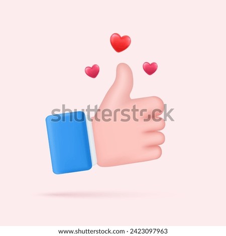 3d render Hand symbol like approved and red heart love. Social media Creative concept idea. Thumb up like icon. Good, ok or follow symbol. Vector illustration.