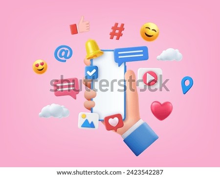 3D Online Social media communication concept. phone with comment, video and photo gallery and play icons. Hand holding phone with emoji, comment, love, like and play icons. Vector illustration