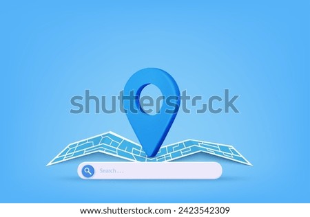 3d render pin pointer and Map location search GPS, travel navigation concept and or internet search bar technology. Paper map, banner, website. Vector illustration