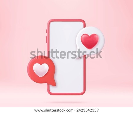 3D Like Icon with Heart and Smartphone. social media online concept, online social communication. design of valentines day wedding decoration and marriage theme. 3D rendering. Vector illustration