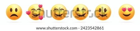 Set Icon Smile Emoji. Realistic Yellow 3d Emotions Happy face, love eyes from hearts,Sad . Vector illustration