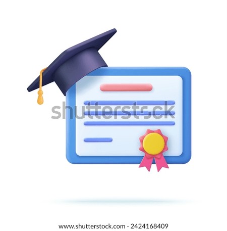 3d Achievement, award, grant, diploma concepts. graduation certificate with cup icon with stamp and ribbon bow. 3d rendering. Vector illustration