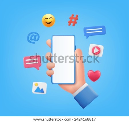 3D Online Social media communication concept. phone with comment, video and photo gallery and play icons. Hand holding phone with emoji, comment, love, like and play icons. Vector illustration