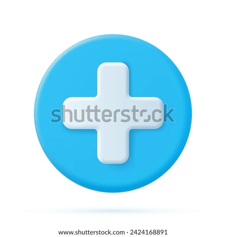 3d blue circle with plus on the white background. Cute icon of first aid. Health care. Medical symbol of emergency help. Vector illustration