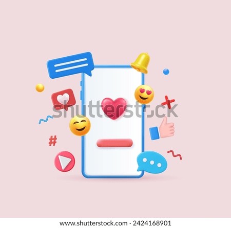 3d render social media and technology with smartphone, like button and geometric shapes, chat. online social communication applications concept. Vector illustration.