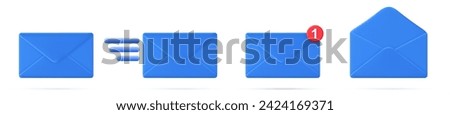 set 3d closed mail envelope icon with marker new message isolated on white background. Render email notification with letters, check mark. Vector illustration