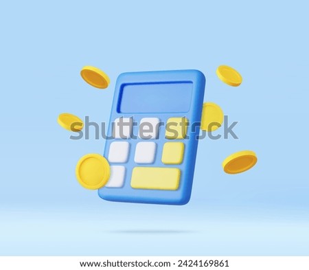 3D Calculator with floating coin. Budget management concept. Financial calculation of money. Tax time. 3d rendering. Vector illustration