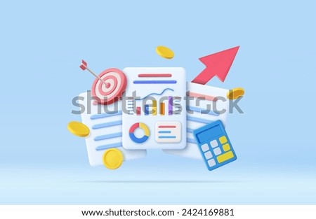 3d Calculator, bar chart, shooting target with floating coin. Concept of personal financial goal achievement, budget planning. 3d rendering. Vector illustration