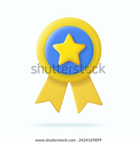 3d Winner medal with star and ribbon. Cartoon minimal style. Premium quality, quality guarantee symbol. 3d rendering Certificate Blank badge icon. Vector illustration