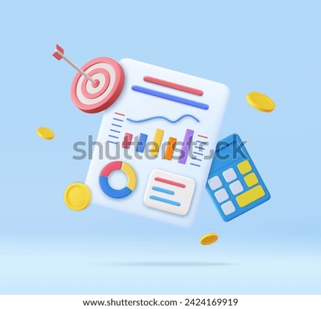 3d Calculator, bar chart, shooting target with floating coin. Concept of personal financial goal achievement, budget planning. 3d rendering. Vector illustration