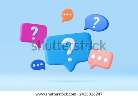 3d Speech bubble with question mark icon. Message box with question sign. FAQ symbol concept. 3d rendering. Vector illustration