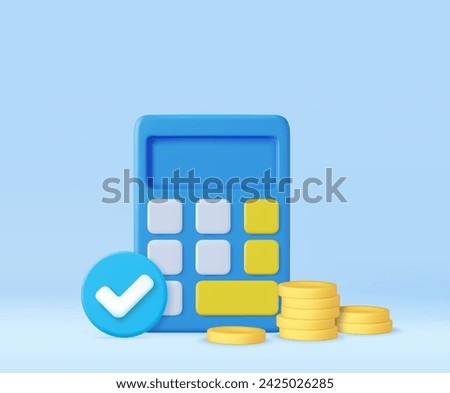 3d calculator Financial icon. money management, financial planning, calculating financial risk, calculator with coins stack and checklist. 3d rendering. Vector illustration