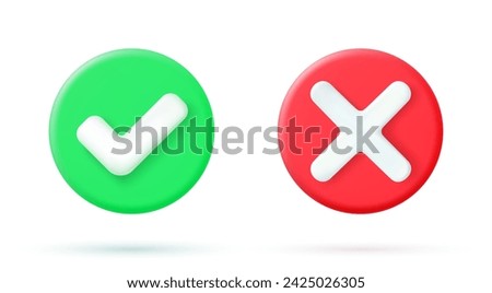 Green tick check mark and cross mark symbols icon element, Simple ok yes no graphic design, right checkmark symbol accepted and rejected, 3D rendering. Vector illustration