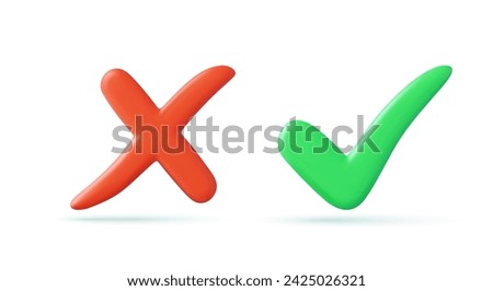 Green tick check mark and cross mark symbols icon element, Simple ok yes no graphic design, right checkmark symbol accepted and rejected, 3D rendering. Vector illustration