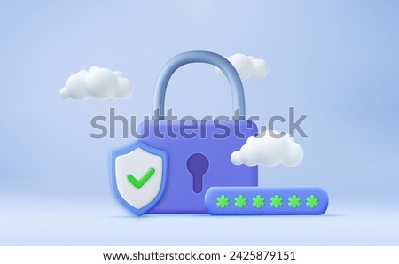 3d security shield lock check mark and cloud. cyber protection. 3d rendering. Password protected icon for mobile applications and website concept. Vector illustration