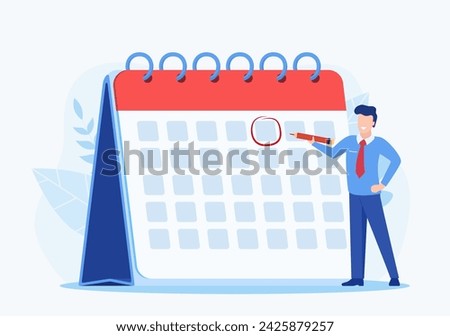 male Circle Date on Calendar Planning Important Matter. Time Management and deadline concept, Work Organization and Life Events Notification, Memo Reminder. Vector illustration in flat style