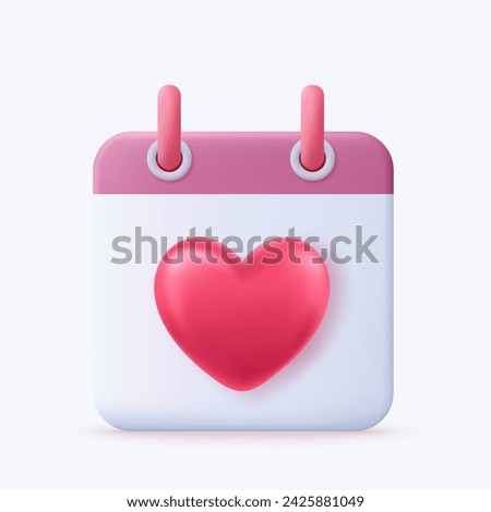 3d Calendar, notes reminder. Organizer Icon with red heart. Realistic Elements for romantic design 3d rendering. Vector illustration