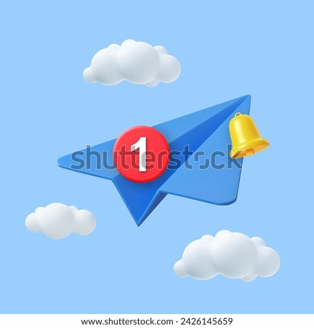 3D Paper Airplane icon. Banner template for travel with aircraft and clouds. Send message concept. Email with Bell notification isolated on blue background. 3D Rendering. Vector illustration