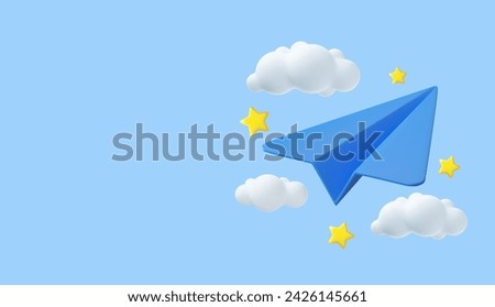 3d paper airplane with clouds Concept Online social network. Business communication applications. Marketing concept. Modern trendy design. 3d rendering. Vector illustration